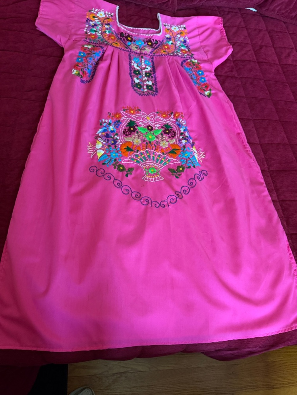 MEXICANA Bright Pink Embroidered Mexican Dress with belt. One size fits